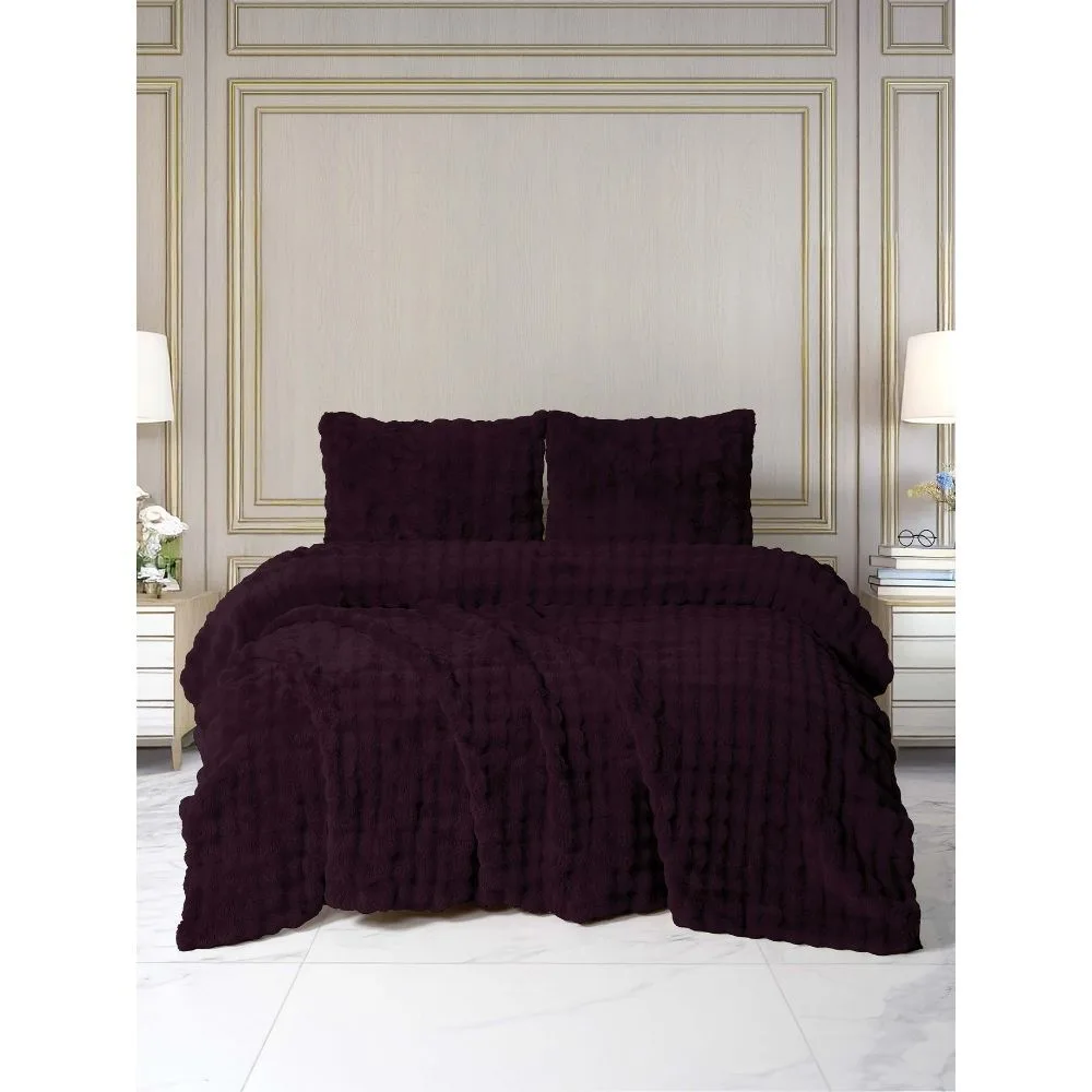Merinos Diamond 3 Parça Bubble Kürk Comforter Set Mürdüm