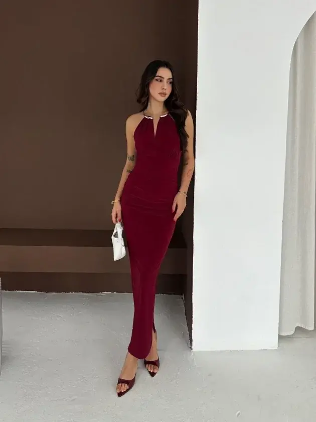 Uzun Abiye Elbise Yırtmaçlı Sırt Dekolteli Şık Gece Elbisesi