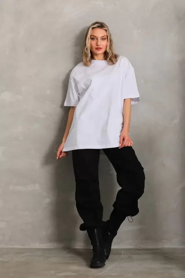 Unisex Bisiklet Yaka 20/1 Düz Oversize T-Shirt