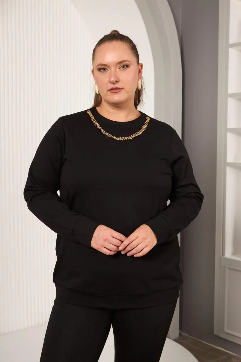 Yaka Zincir Detaylı Büyük Beden Sweatshirt Siyah