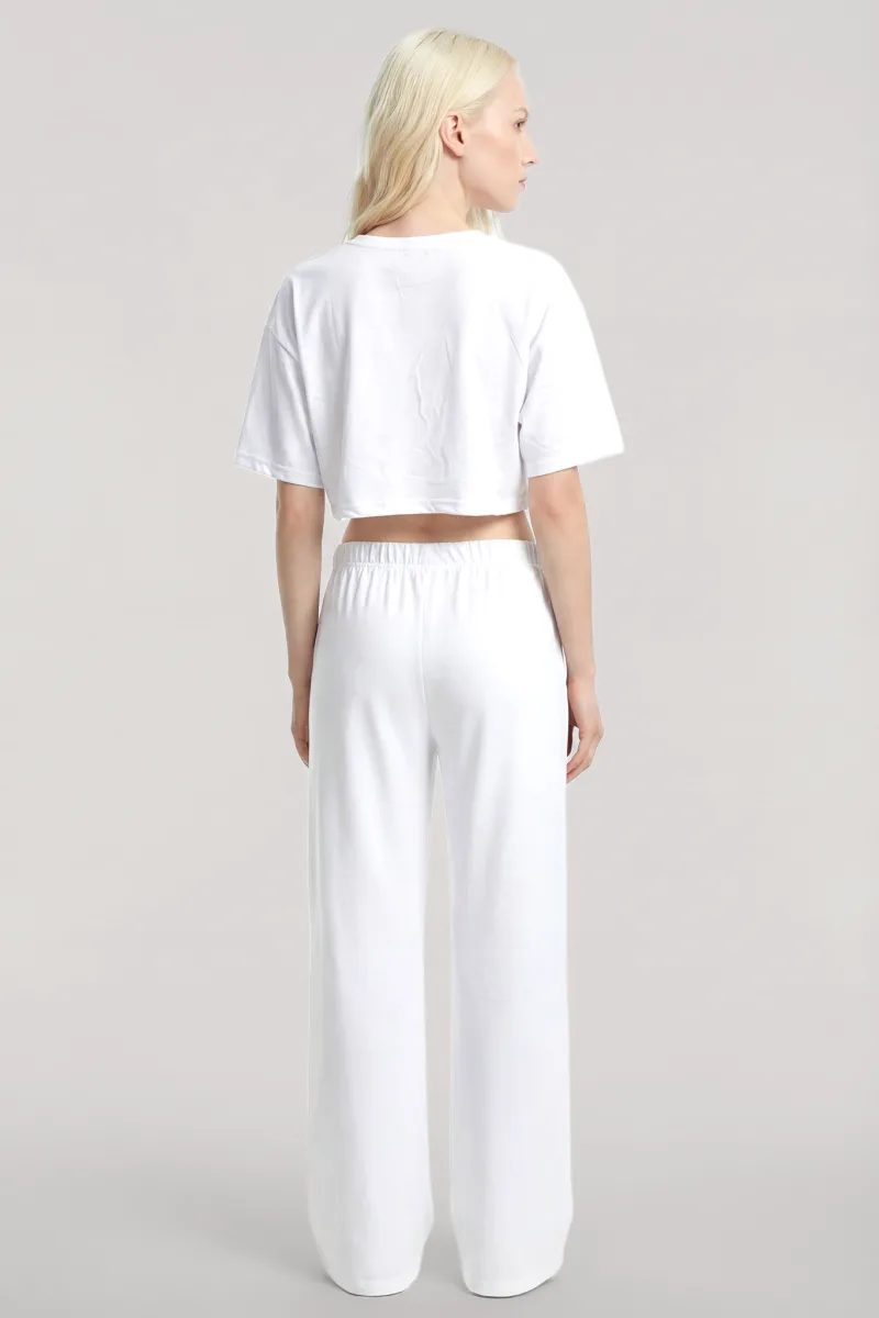 Angelino Baskılı Crop T-Shirt Pantolon Takım Beyaz