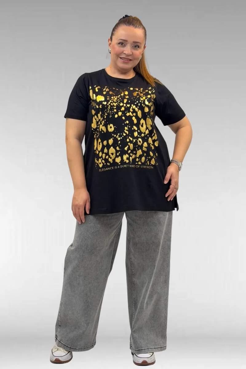 68502 Büyük Beden Yakası Biyeli Önü Baskılı Penye Tişört