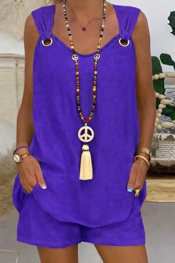 Kadın Kolsuz V Yaka Kuş Gözü Detay Bluz Short Aerobin Ikili Takım