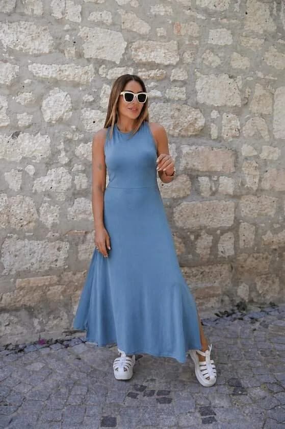 Kadın Arkadan çapraz Detay Yuvarlak Yaka Maksi Viskon Elbise