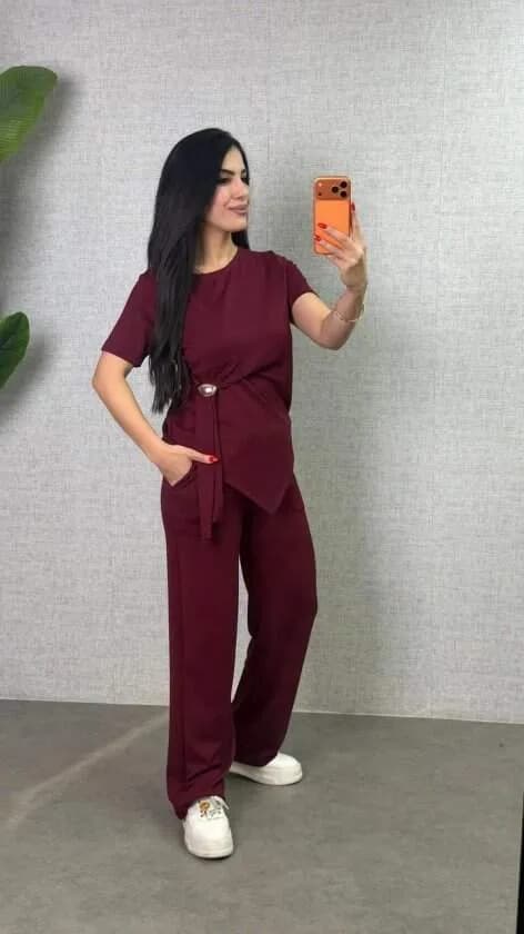Kadın Kısa Kollu Bisiklet Yaka Yandan Toka Detaylı Viskon Iki Iplik Bluz Ve Pantolon Ikili Takım