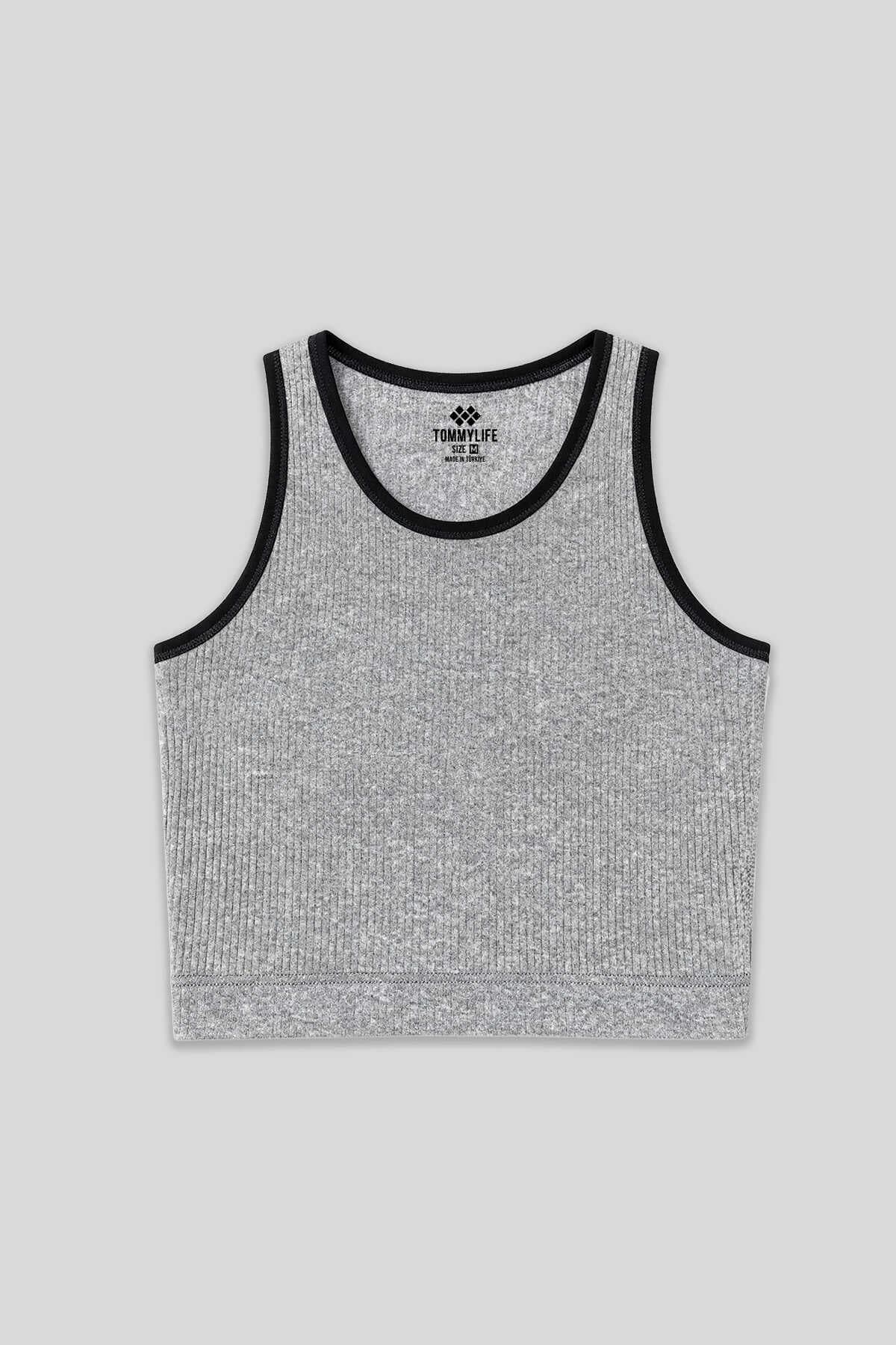 Tommylife Toptan Gri Melanj Basic Sıfır Kol Dar Kalıp U Yaka Kadın Crop Top - 97160 - GRİ MELANJ