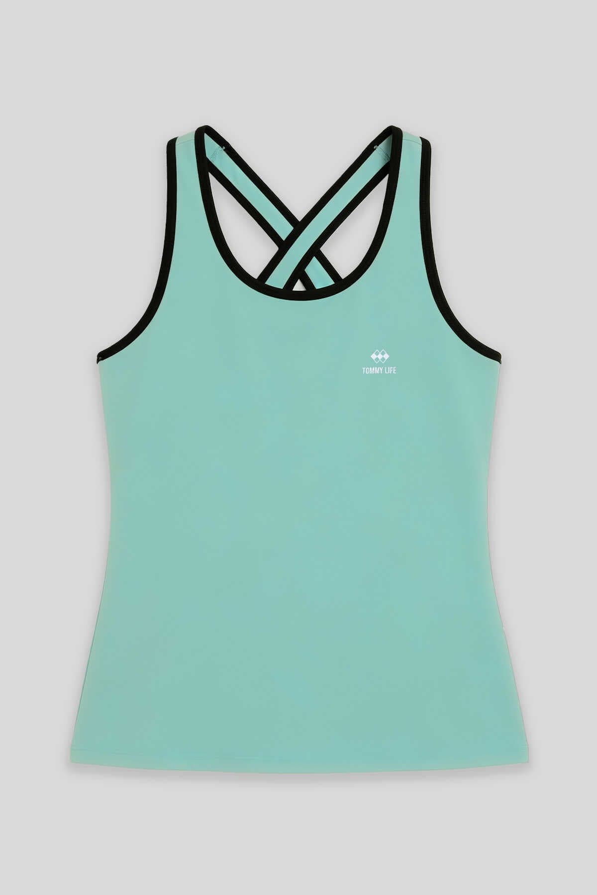 Tommylife Toptan Su Yeşili Kadın Çapraz Askılı Kolsuz Standart Kalıp Spor Atlet - 97094 - SU YEŞİLİ