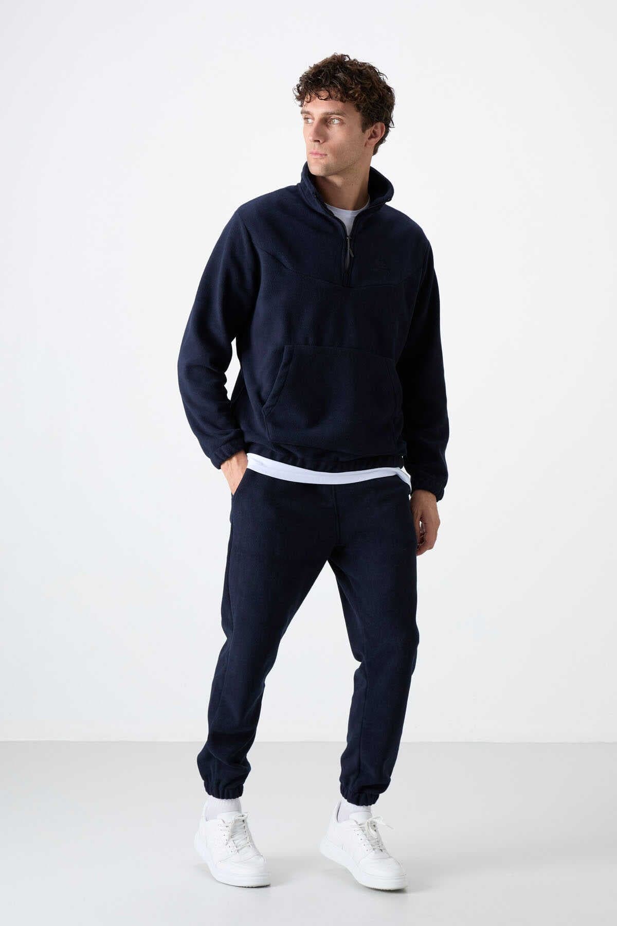 Tommylife Toptan Standart Kalıp Yarım Fermuar Polar Erkek Eşofman Takımı 85159 Lacivert - LACİVERT