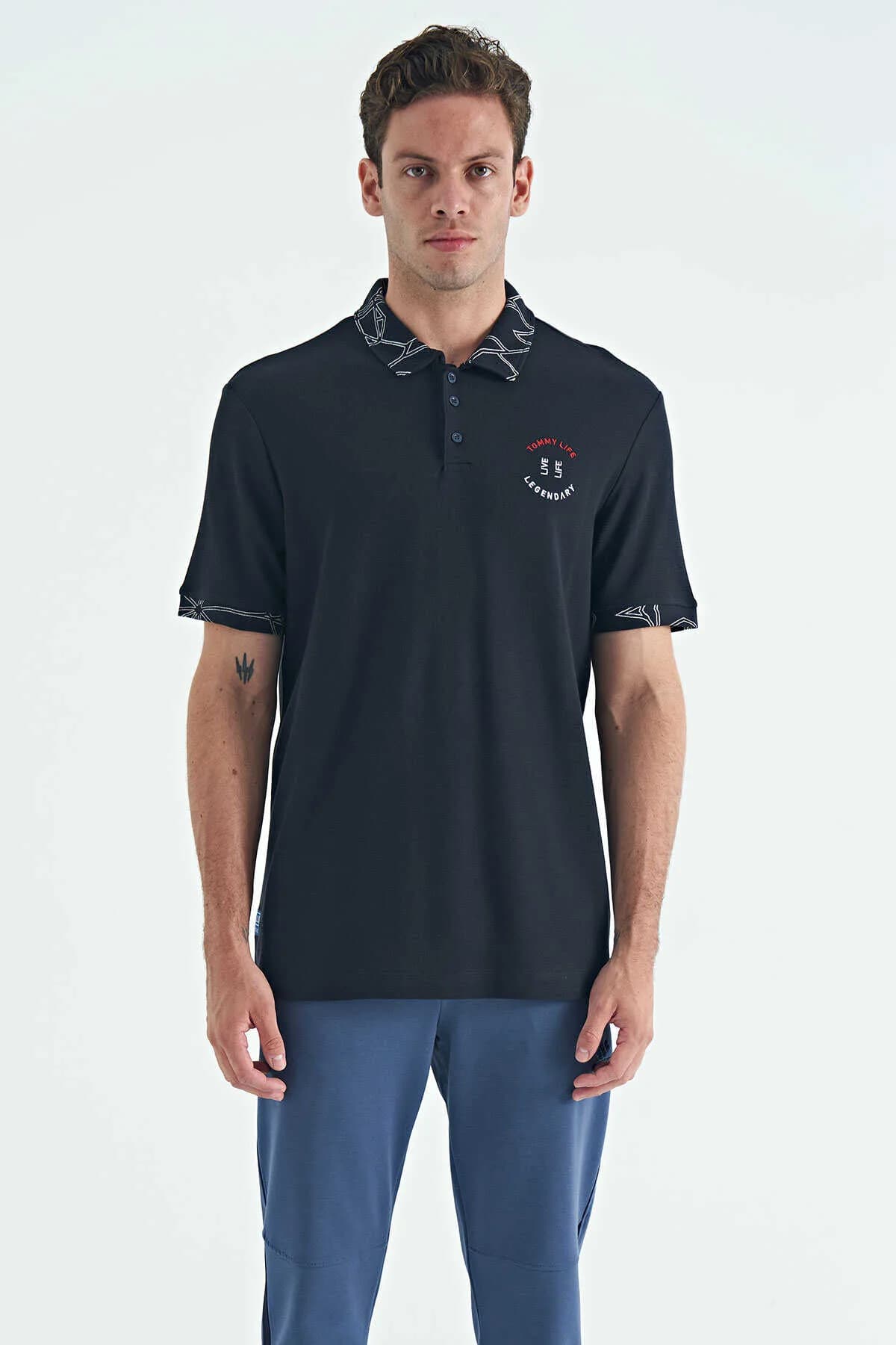 Tommylife Toptan Lacivert Yazı Nakışlı Baskı Detaylı Standart Kalıp Polo Yaka Erkek T-Shirt - 88239 - LACİVERT
