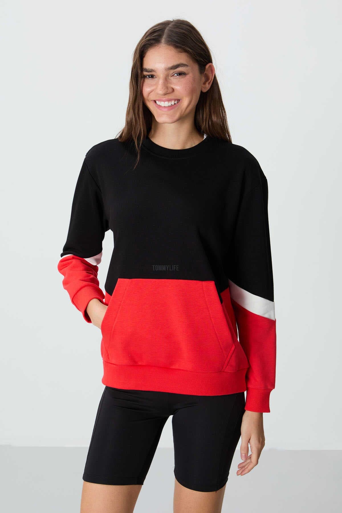 Tommylife Toptan O Yaka Oversize Kadın Sweatshirt 97289 Siyah - SİYAH
