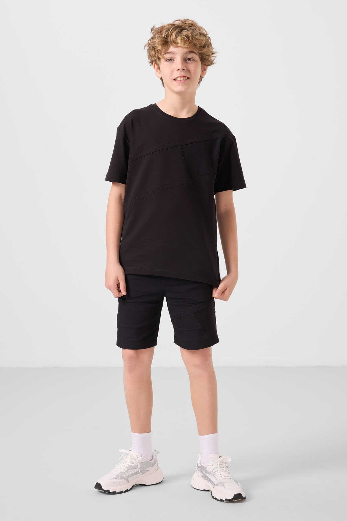 Tommylife Toptan Pamuklu Oversize Fit Dokuma Hafif Esnek Chino Erkek Çocuk Şort Takım 11275 Siyah - Siyah