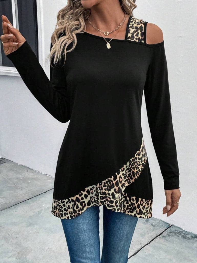 Kadın Tek O Uzdan Açık Askılı Uzun Kollu Leopar Detaylı Viskon Bluz, 30593
