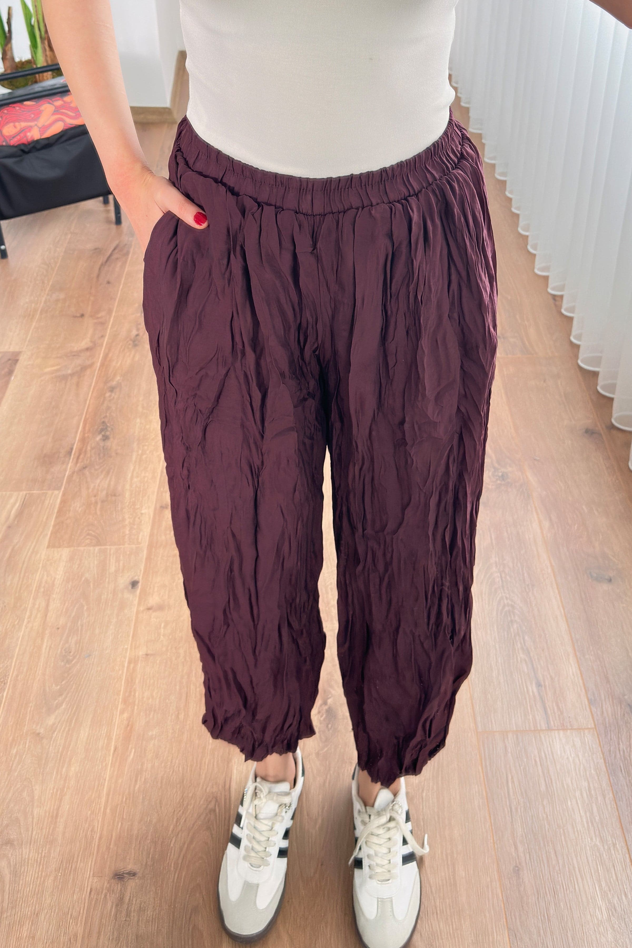Kırışık Kumaş Toptan Mürdüm Şalvar Pantolon - Mürdüm