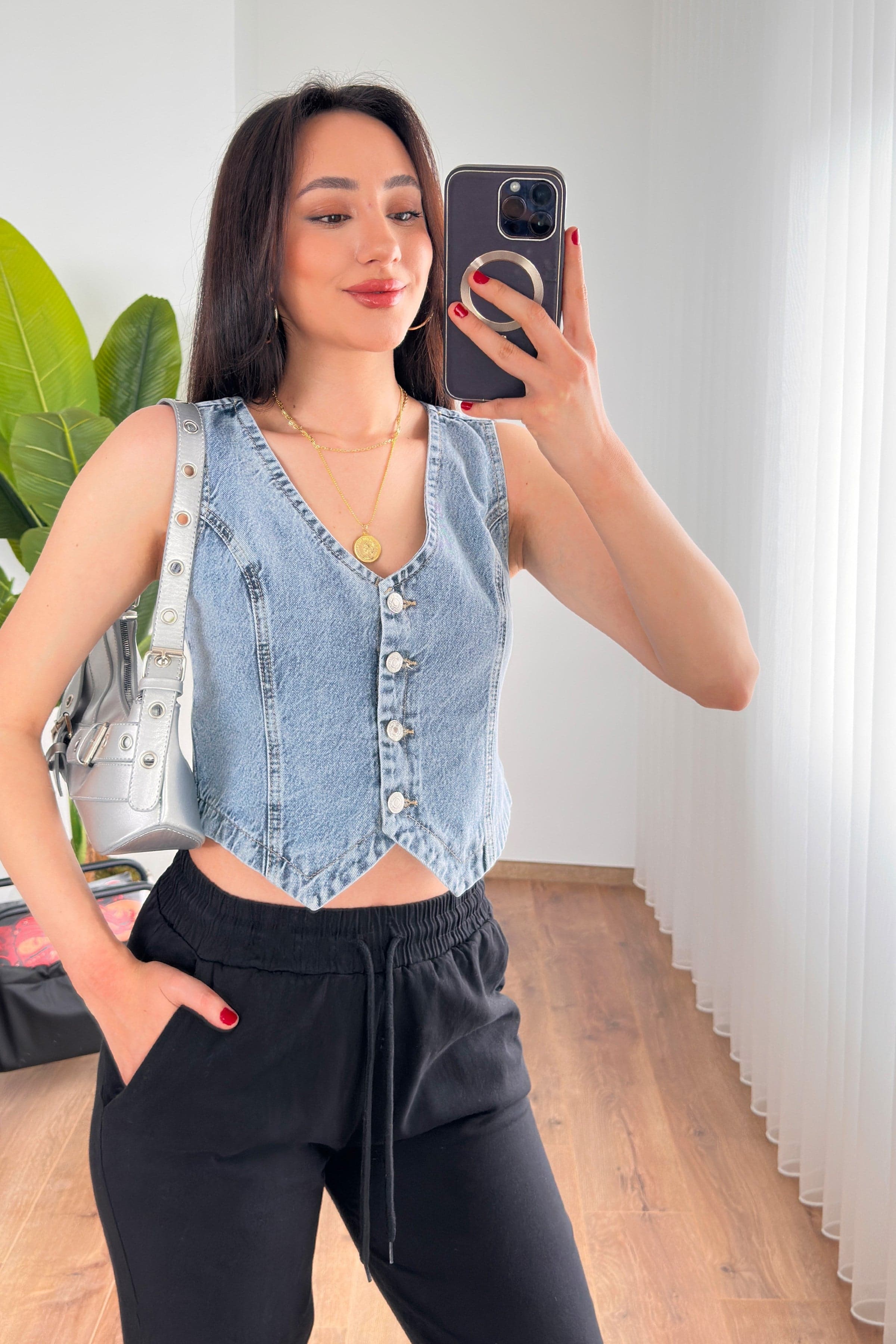 V Yaka Kot Mavii Denim Toptan Yelek - Kot Mavisi
