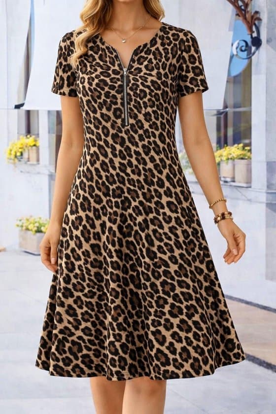 Kadın Kısa Kollu Yakası Fermuar Detaylı Leopar Desenli Midi Süprem Elbise, 34667 - Leopar