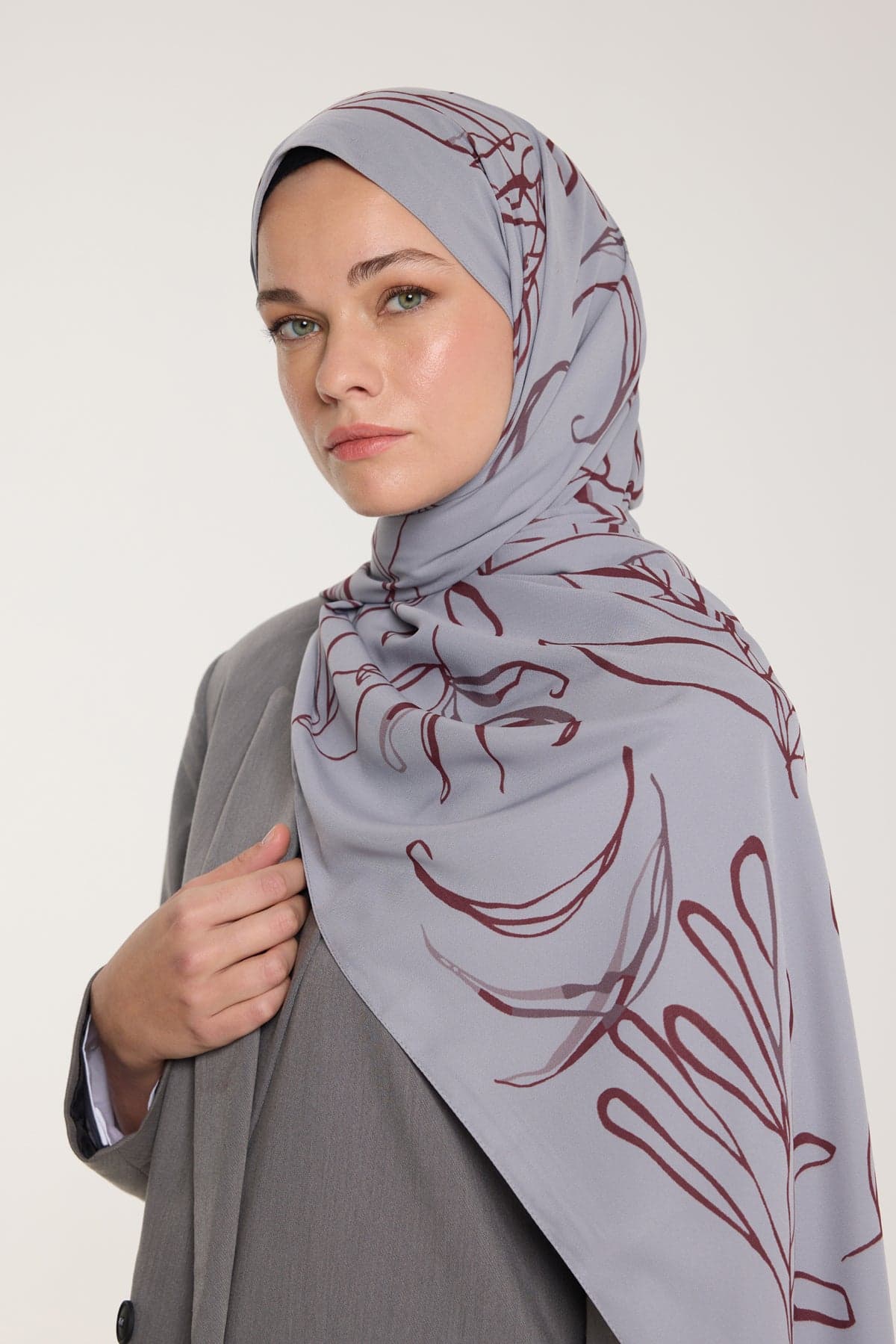 Pure Tone Şal - Yaprak Desen - Gümüş - Bordo - Yaprak Desen - Gümüş - Bordo
