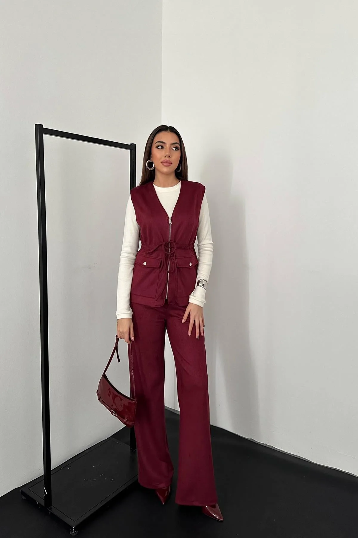 Bordo Süet Yelek Pantolon Takım - Bordo