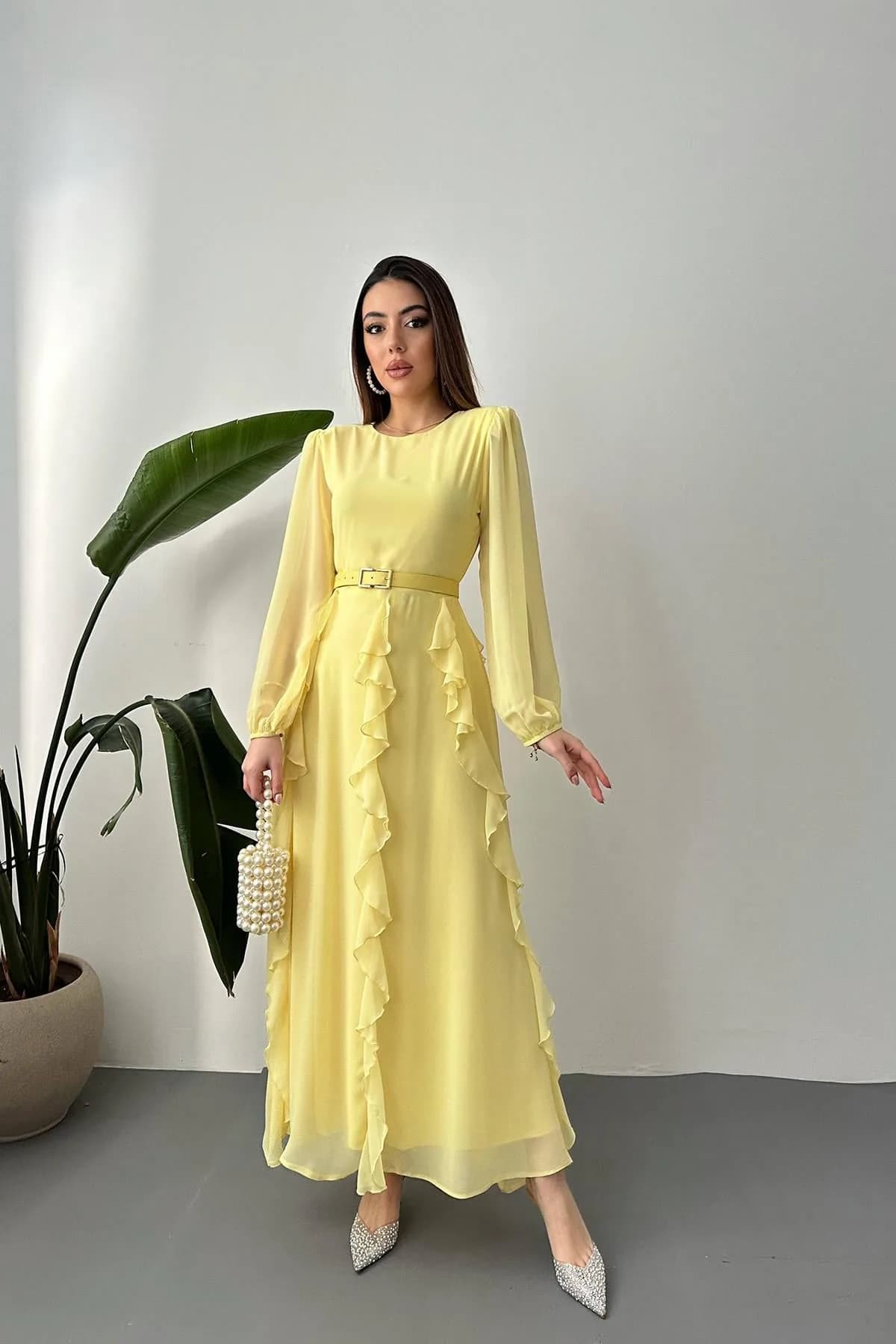 Sarı Kemerli Şifon Elbise - Sarı
