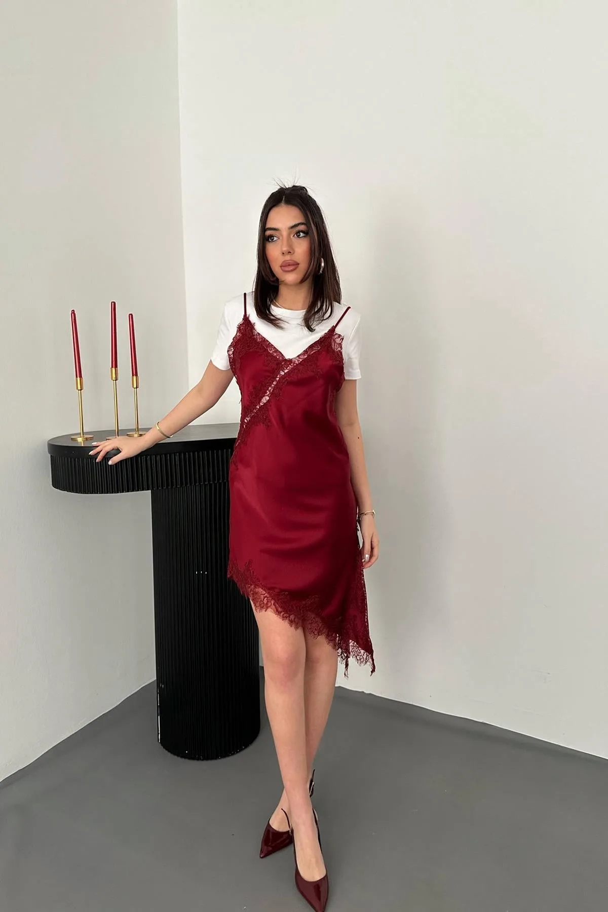 Bordo Dantelli Elbise - Bordo
