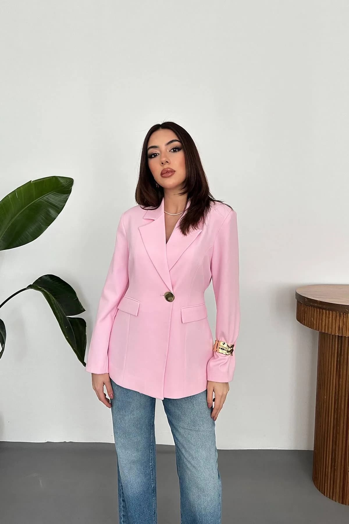 Pembe Belden Oturtmalı Blazer Ceket - PEMBE