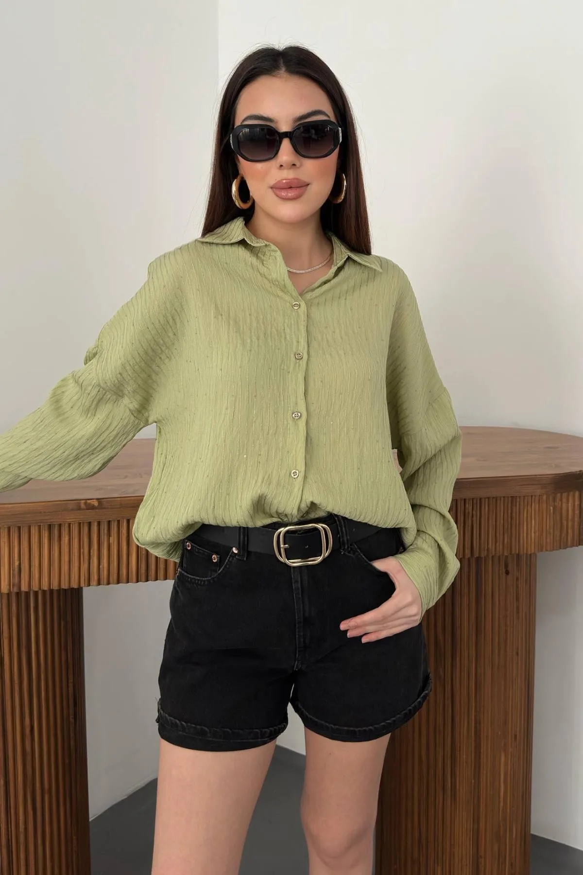 Yeşil Nakışlı Oversize Gömlek - Yeşil