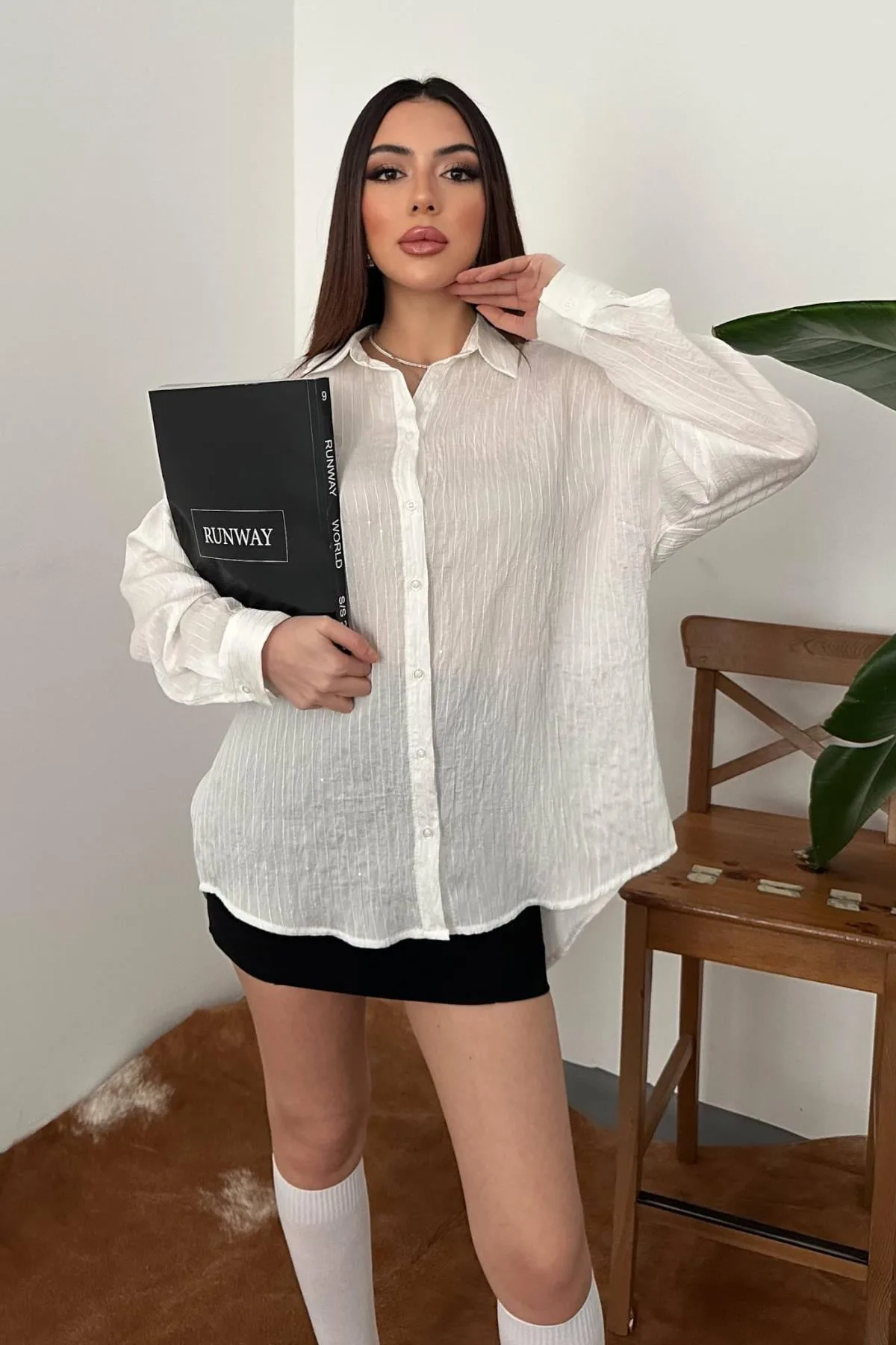 Ekru Nakışlı Oversize Gömlek - Ekru