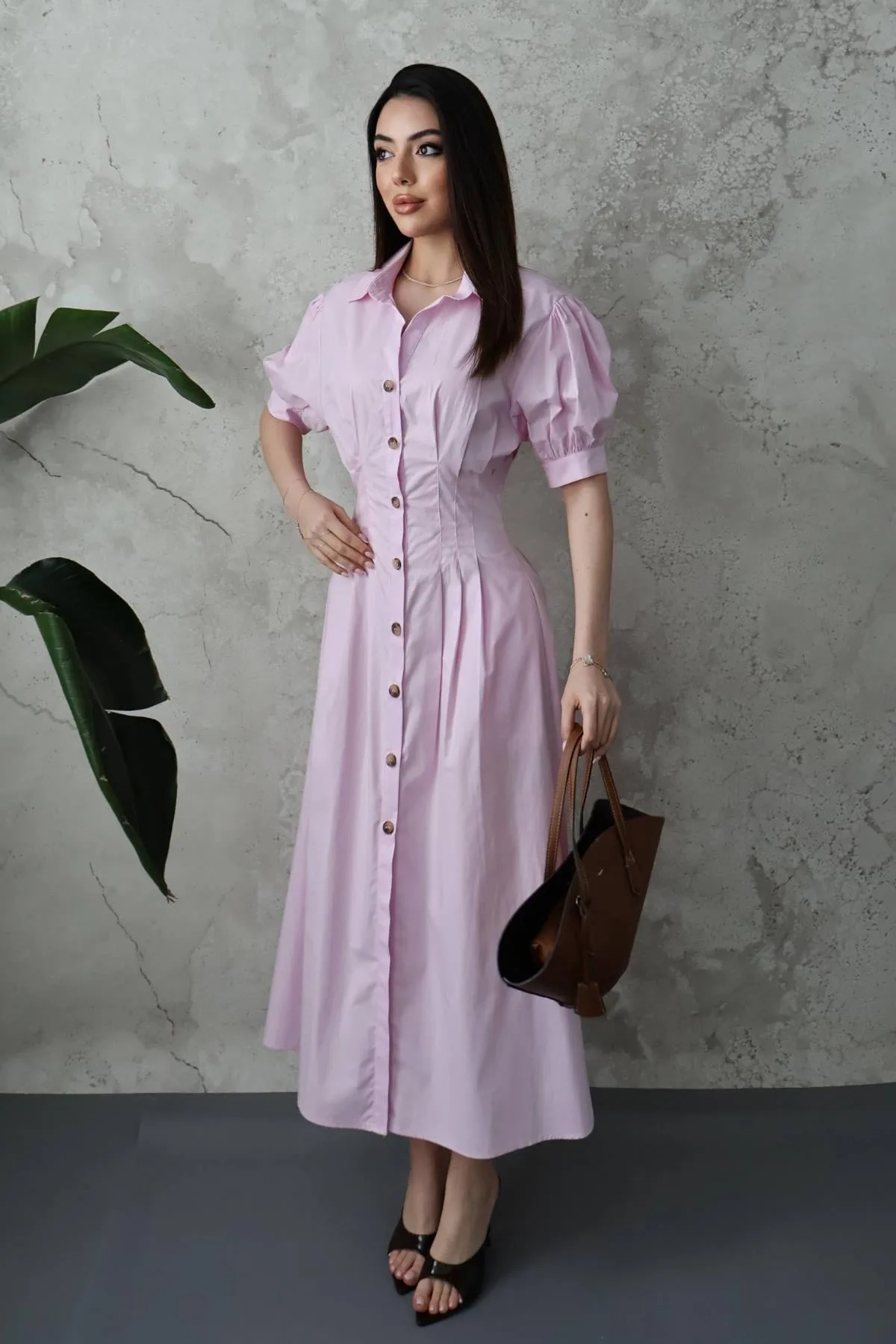 Pembe Pileli Poplin Elbise - Pembe