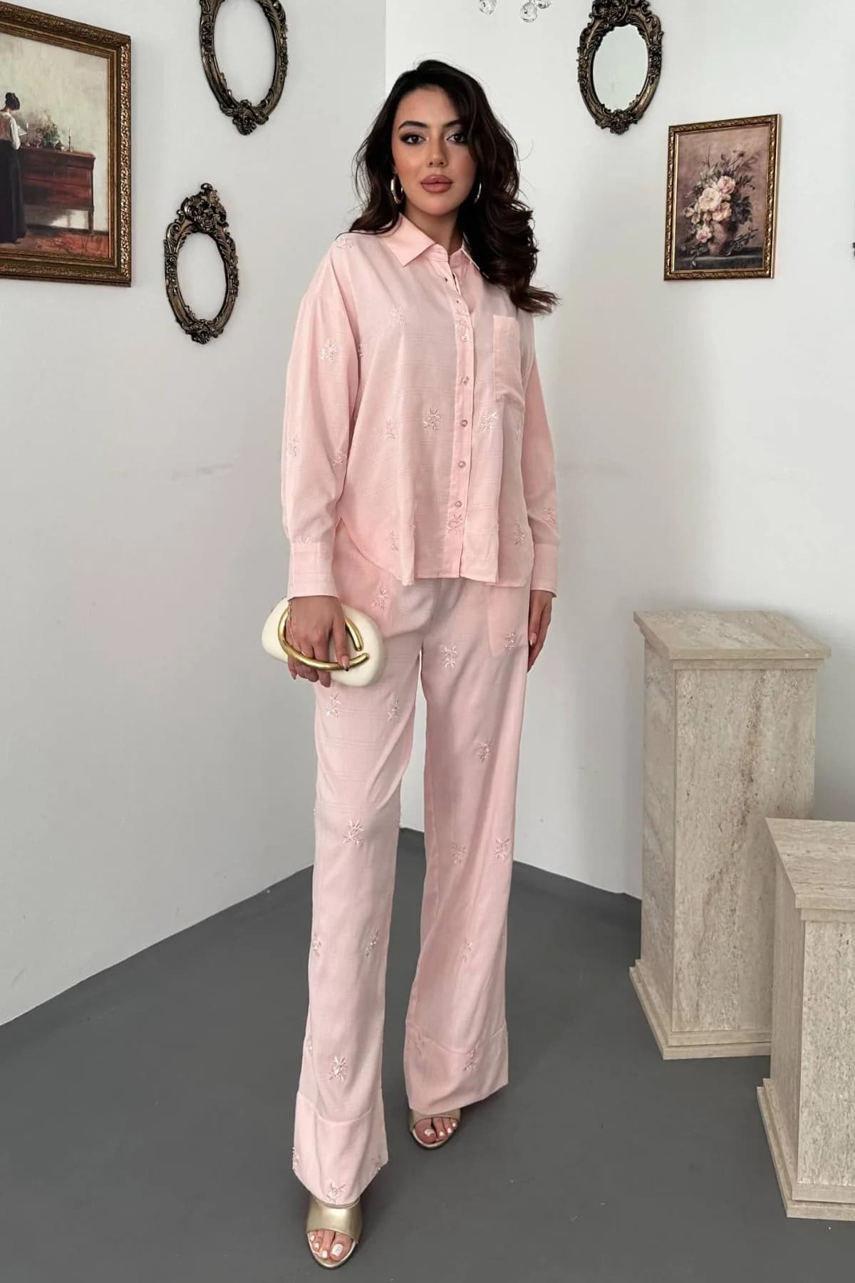 Pembe El İşlemeli Gömlek Pantolon Takım - Pembe