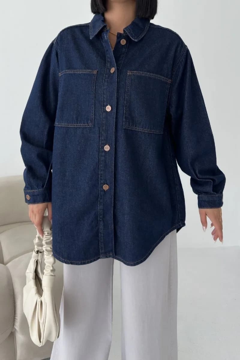 Düğmeli Oversize Kot Gömlek 6080 - Slaplı Lacivert
