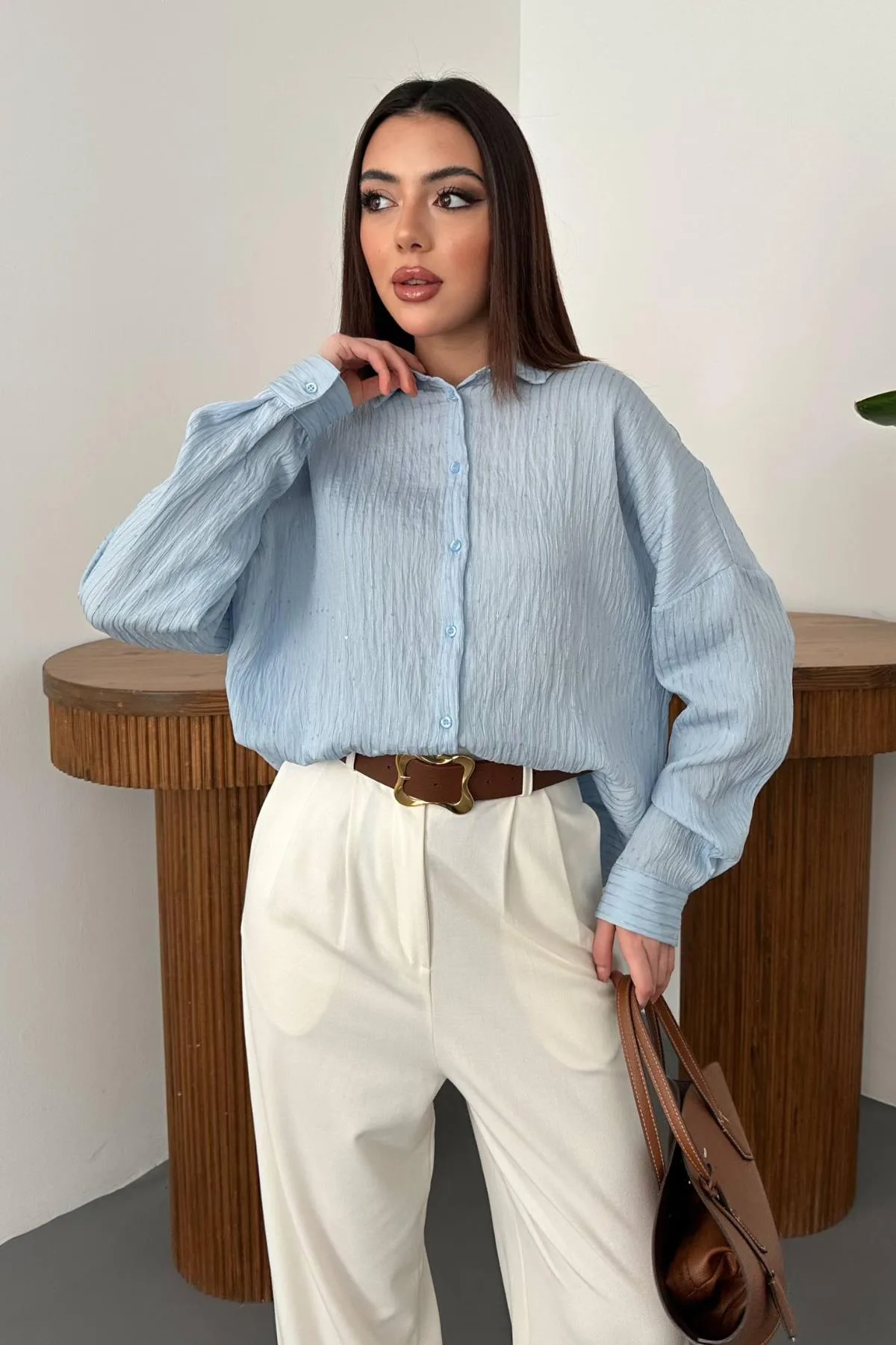 Bebe Mavi Nakışlı Oversize Gömlek - Bebe Mavi