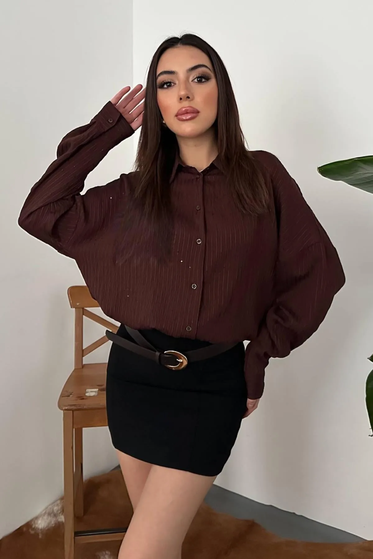 Kahverengi Nakışlı Oversize Gömlek - Kahverengi